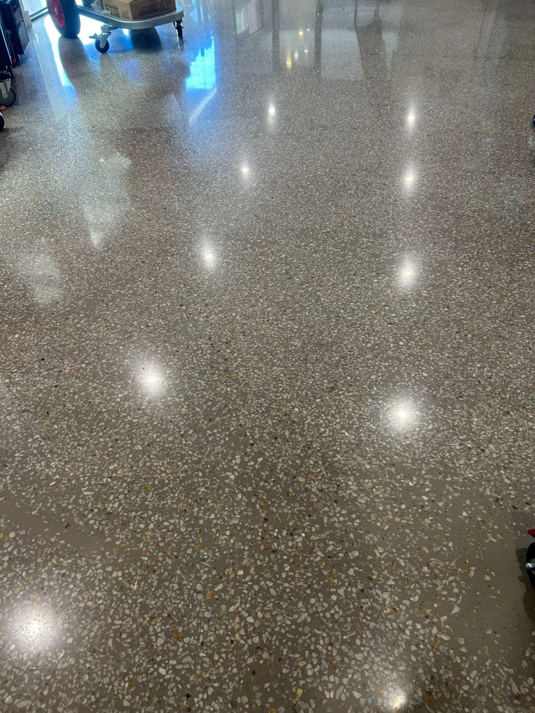 Mirror-polished concrete floor with exposed aggregate in commercial retail space