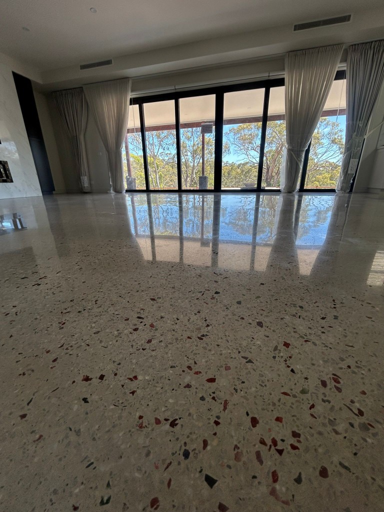 Mirror-polished concrete floor with red and blue exposed aggregate, reflecting the Australian bushland — Claraseal Melbourne